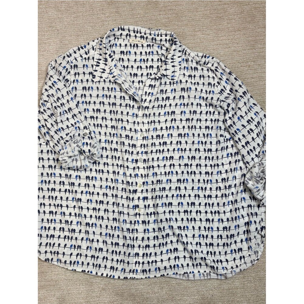 Jane and Delancey Bird Print Button Down Shirt Size 3X Tab Roll Up Long Sleeve - Picture 8 of 8